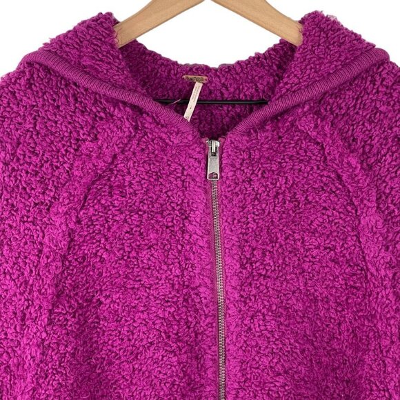 Free People Furry Time Hooded Jacket XS Cozy Sherpa Teddy Coat Zip Up Hot Pink - Picture 2 of 11